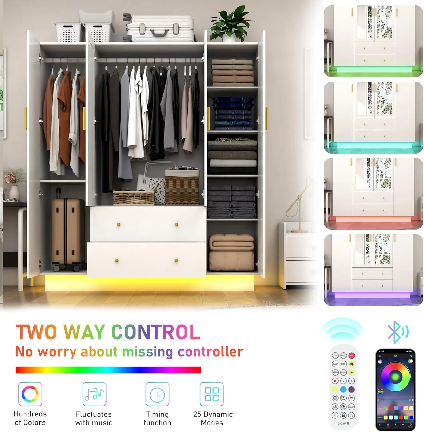 خزانة خشبية حديثة مع مرايا ومصابيح ليد ، خزانة غرفة نوم مع أدراج ورفوف ، 4 أبواب