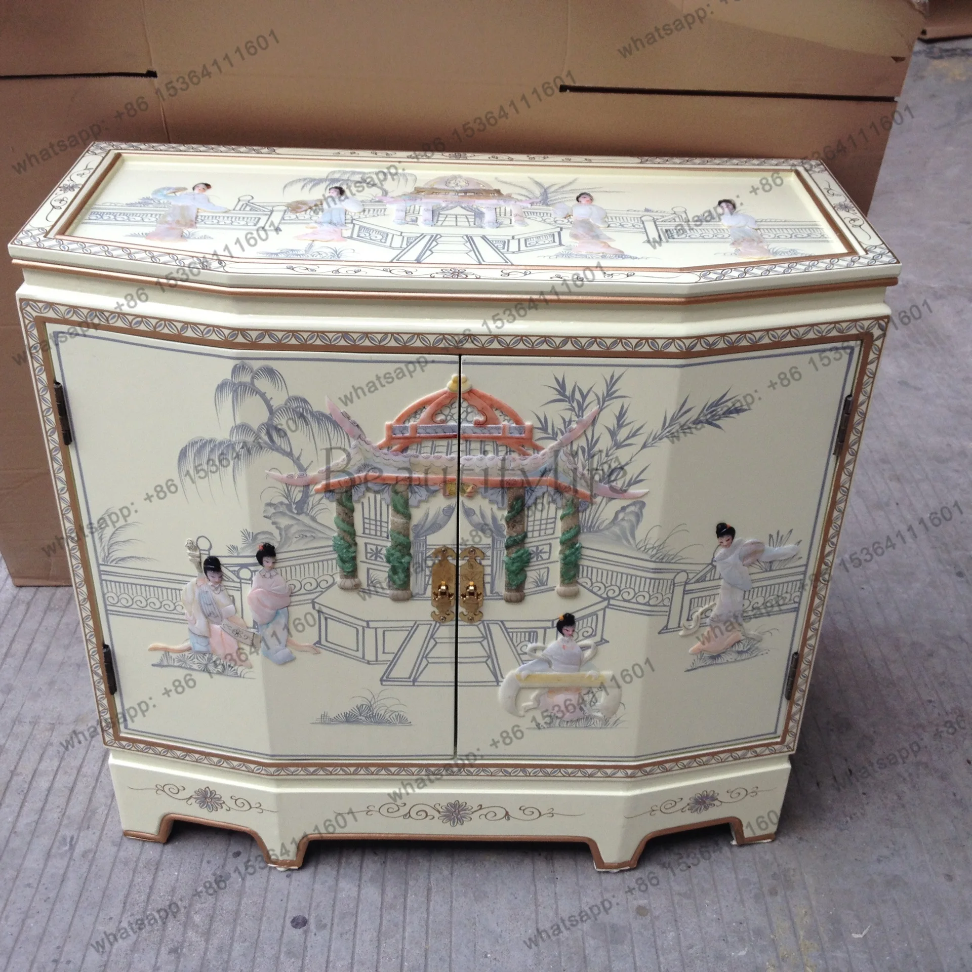 

Ivory white entrance cabinet painted furniture inlaid shell entrance decoration cabinet
