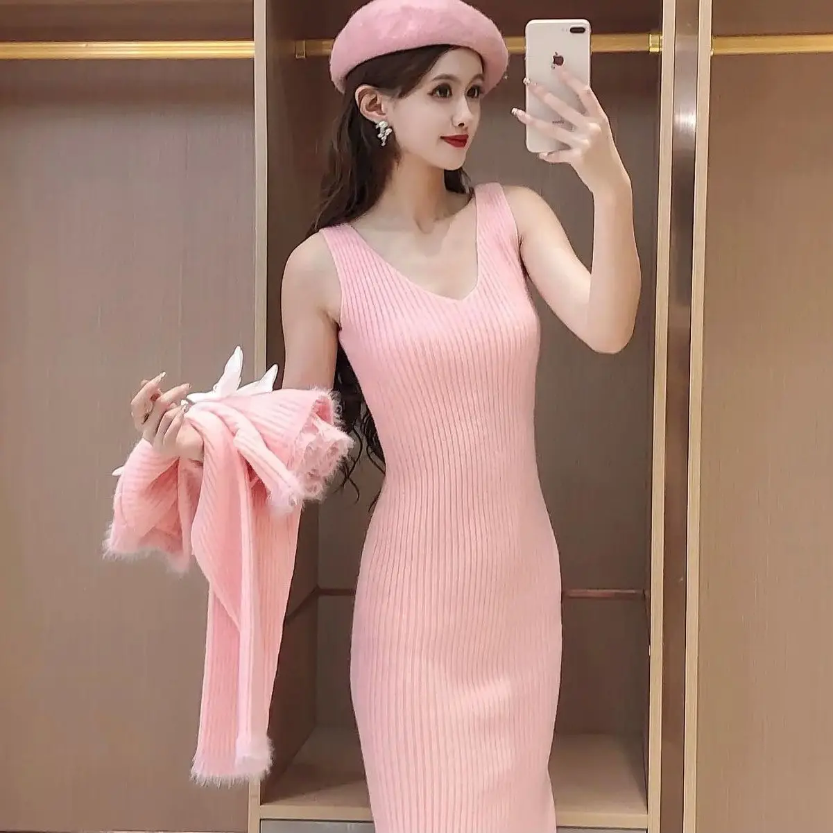 Korejpaa Jesienne Ubrania Swetry Sukienki Zestawy Francuski Elegancki Paznokieć Koralik Kokarda Frędzle Sweter Pull Femme + V Szyja Tank Sukienki Garnitur