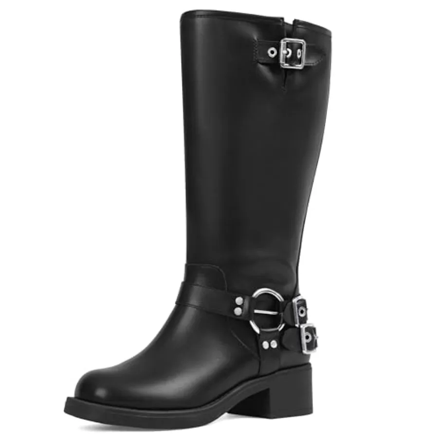 

AMINUGAL Wide Calf Knee High Boots for Women Square Toe Pull On Chunky Womens Buckle Moto Boots Rivet Vintage Y2K Motorcycle Ri