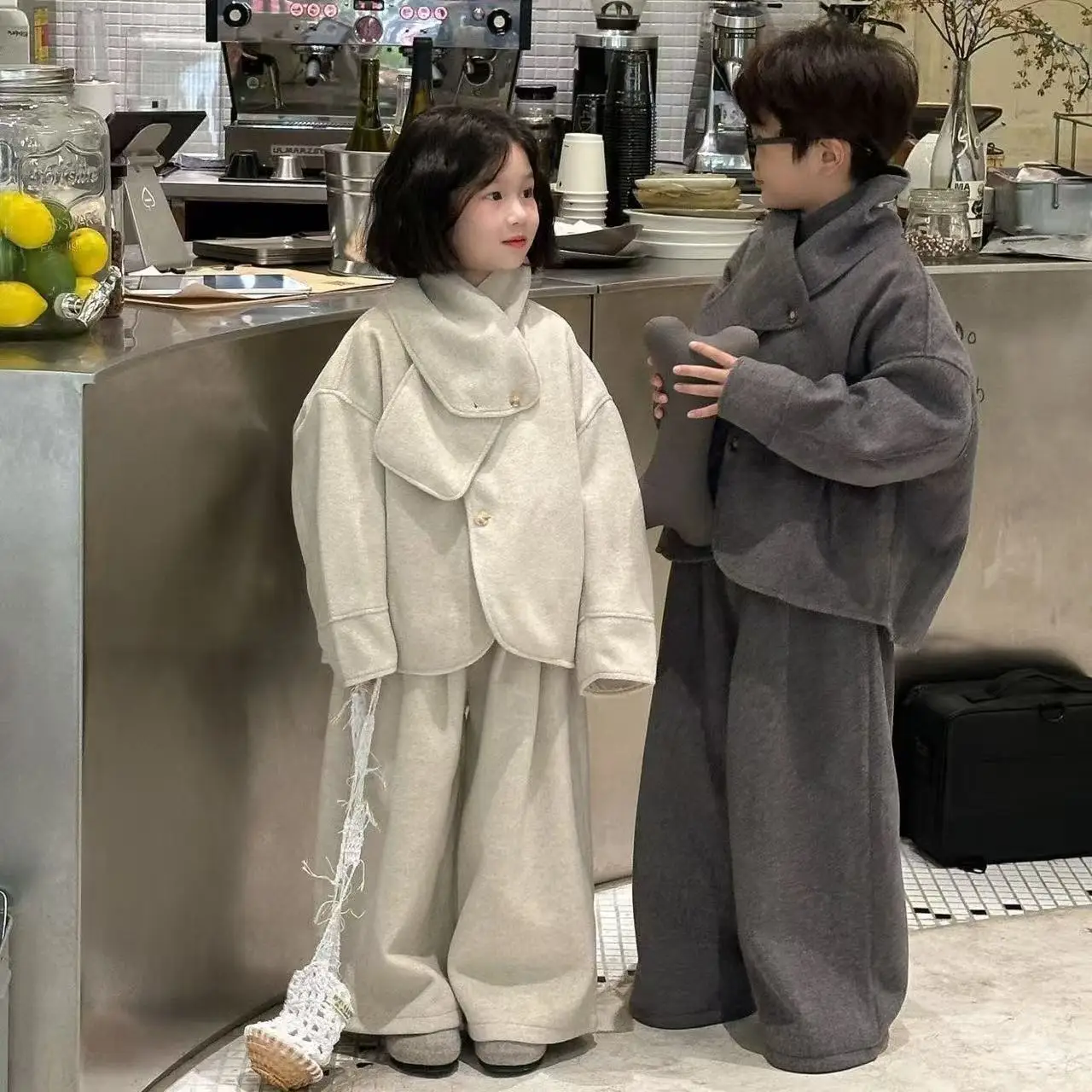 Children's Korean Version Woolen Suit Autumn and Winter Fashionable Thick Woolen Top+pants Two-piece Set Brother Sister Outfit