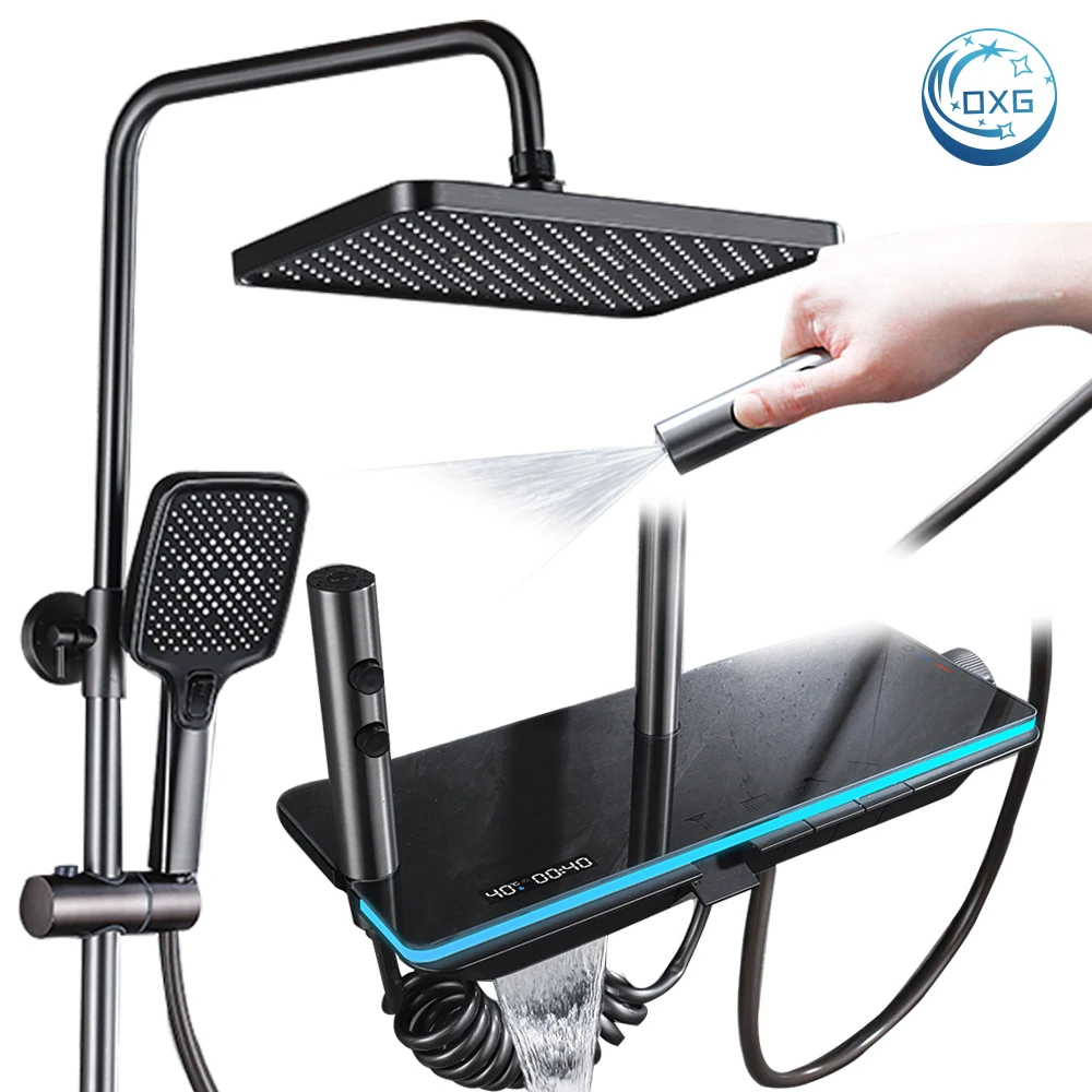 

OXG White/Gray Brass Bathroom Faucet Thermostatic Shower Faucet Set Shower System Digital Display Rainfall Shower Set
