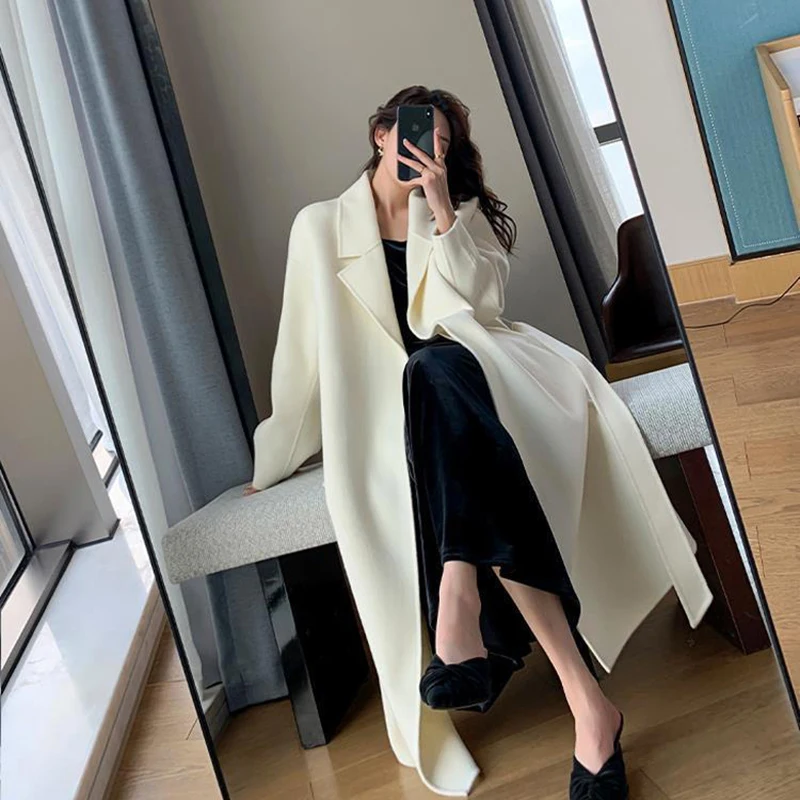 Elegant Midi Wool Blends Coat Women Korean Thicken Long Bandage Jackets Oversized Lace Up Outwear White Cardigan Woolen Overcoat