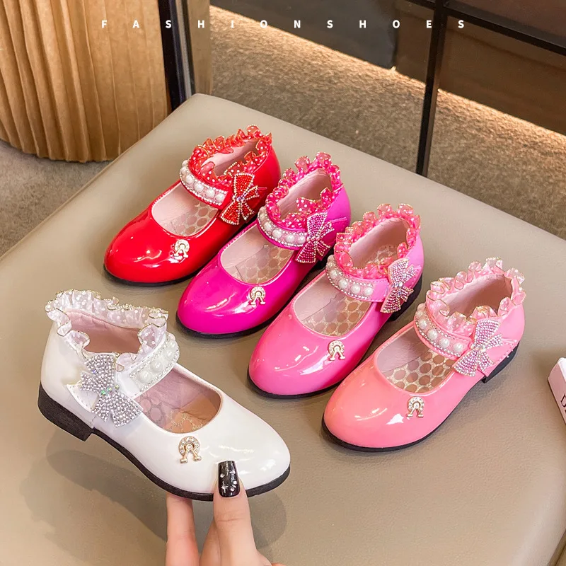 

2025 Big Kids Princess Shoes White Pearl Flats Lace School Performance Shoes Breathable Leather Shoes for Girls
