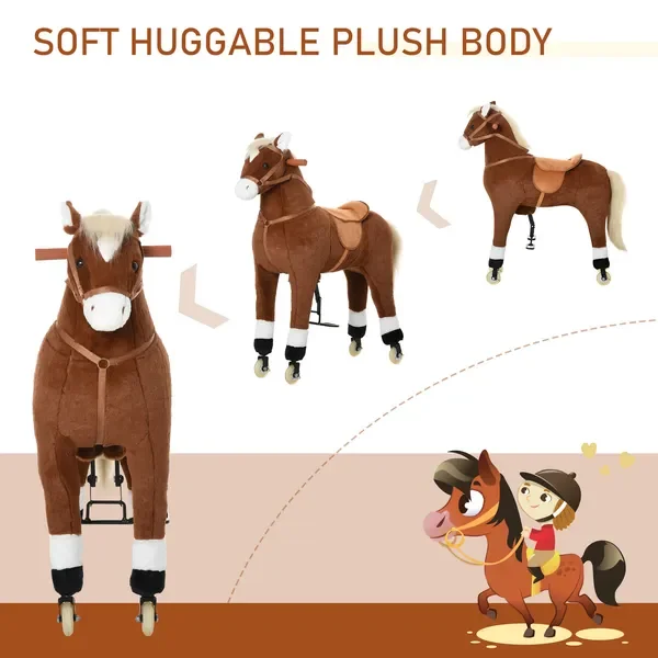 子供用乗馬玩具、簡単に動く車輪付き、柔らかく抱き心地の良い体、5歳から16歳までの子供向けの大きなサイズ、ブラウン
