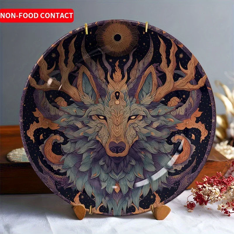 2D Flat, 1pc Wolf Ceramic Decorative Plate - Non-Food Contact Wall Art, Hand-Painted Style, Green & Golden Wolf Design, Perfect