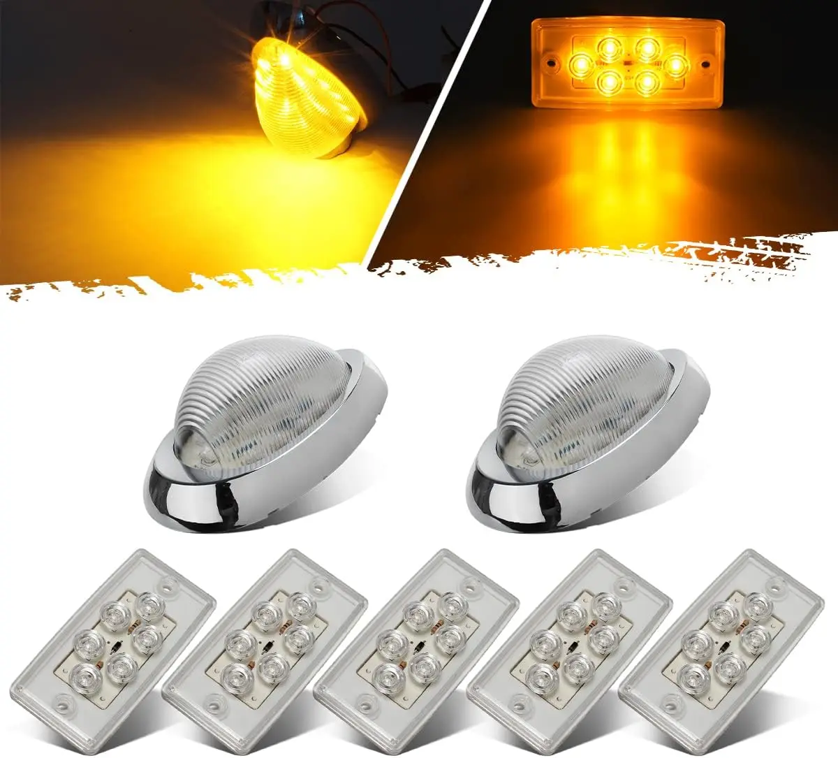 

5x Rectangle Amber LED Cab Roof Marker Lights + 2x Teardrop Side Marker Lights for Freightliner Century/Columbia, Clear Lens