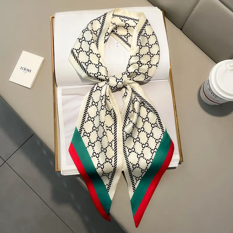 Luxury Brand Print Silk Scarf Women Soft Satin Horse Hairband Bevel Neckerchief Office Hijab Headband Foulard Bag Ribbons Gift