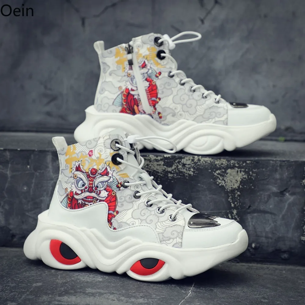 Mens Sneakers Chinese Lion Dance Printed Lace Up Platform Mesh Sport High Top Casual Fashion Retro Shoes Boys