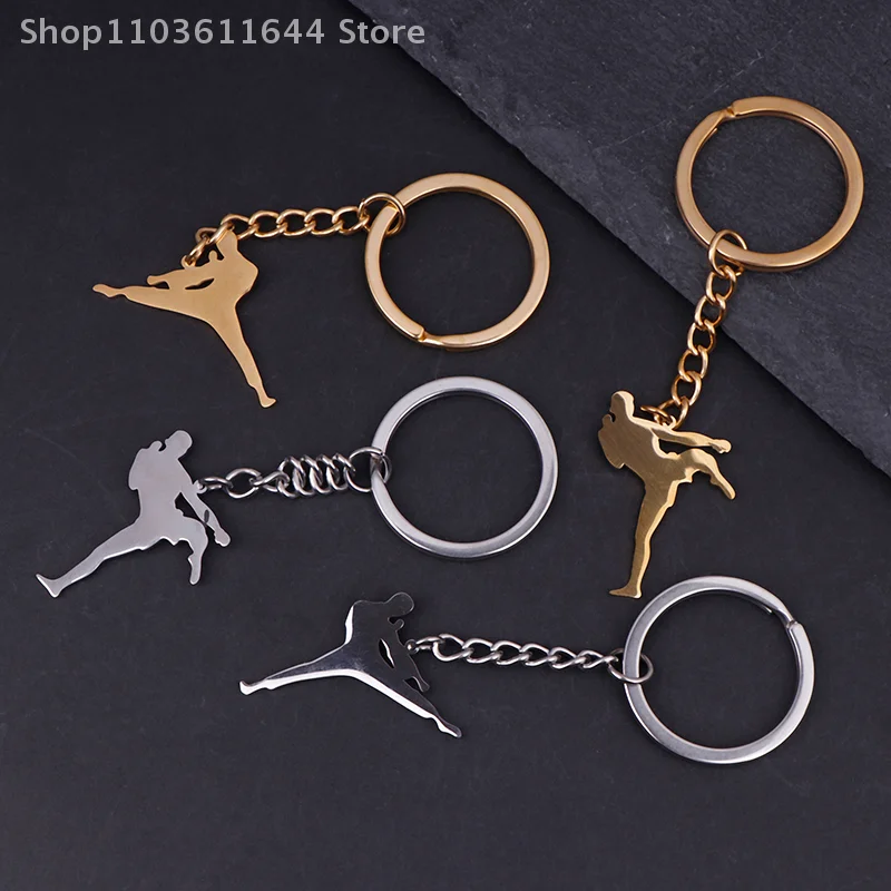 Taekwondo High Kick Keychains For Men Titanium Steel Sports Charm Karate Jiu Jitsu Keyring Jewelry Male Boys Gym Gifts