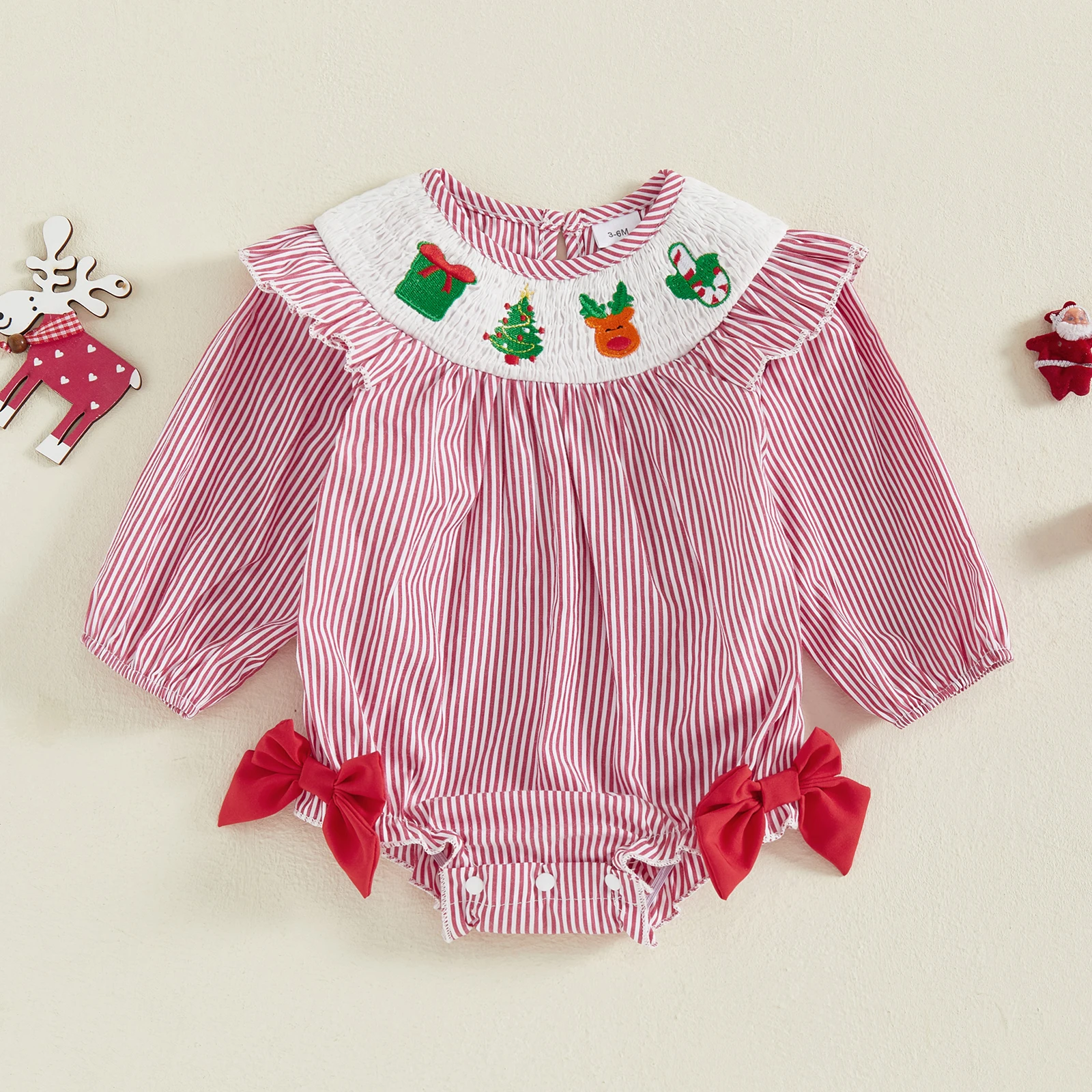 

0-18 Months Baby Girls Christmas Stripe Romper Tree and Deer Embroidery Long Sleeve Round Neck Jumpsuit