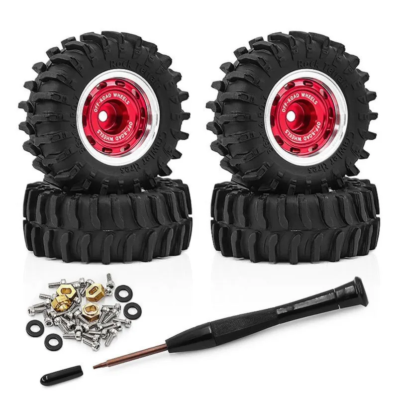 CYGJ-For 1/30 SCX30 Ascent-32 RC Car 0.7 Inch Wheel Hub Beadlock Wheel Tire Set Upgrade Accessories Red