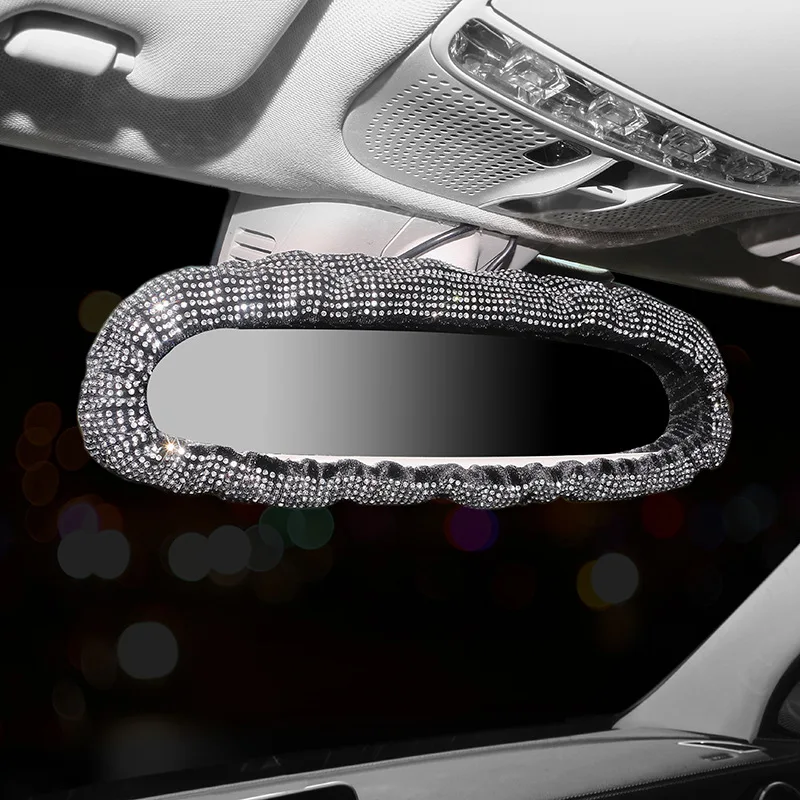 Bling Crystal Rear View Mirror Covers Decoration Pretty Girly Car Accessories Interior Woman Elastic Band Rearview Mirror Frame