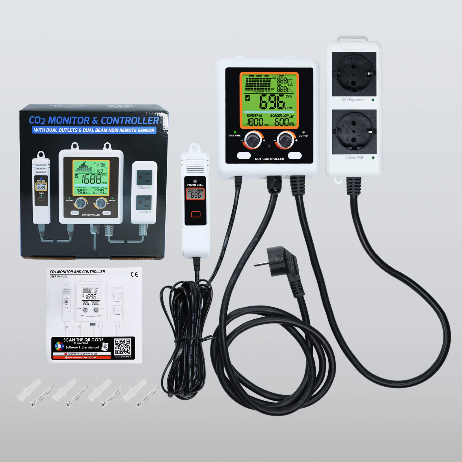 CO2 Controller Dual Outlet Control CO2 Regulator and Fan for Planting Room, NDIR Sensor CO2 M  onitor and Controller (availabl