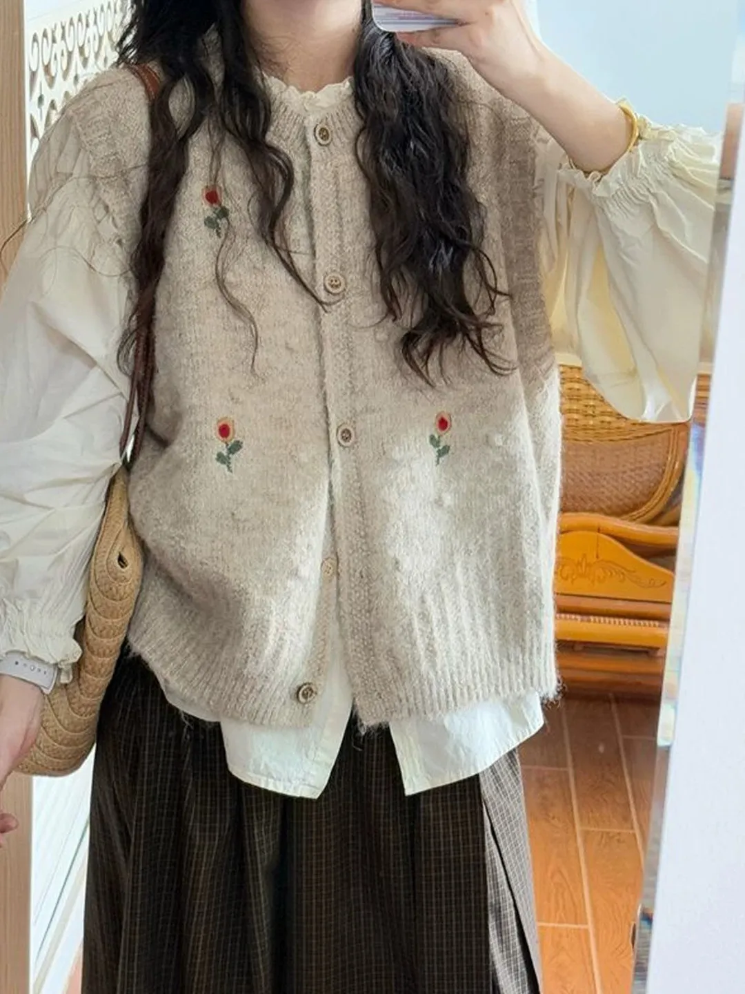 Spring Autumn Knitted Floral Vest Cardigan Sweater Women's Fashion Top with Apricot Shirt Warm Polyester Acrylic Blend