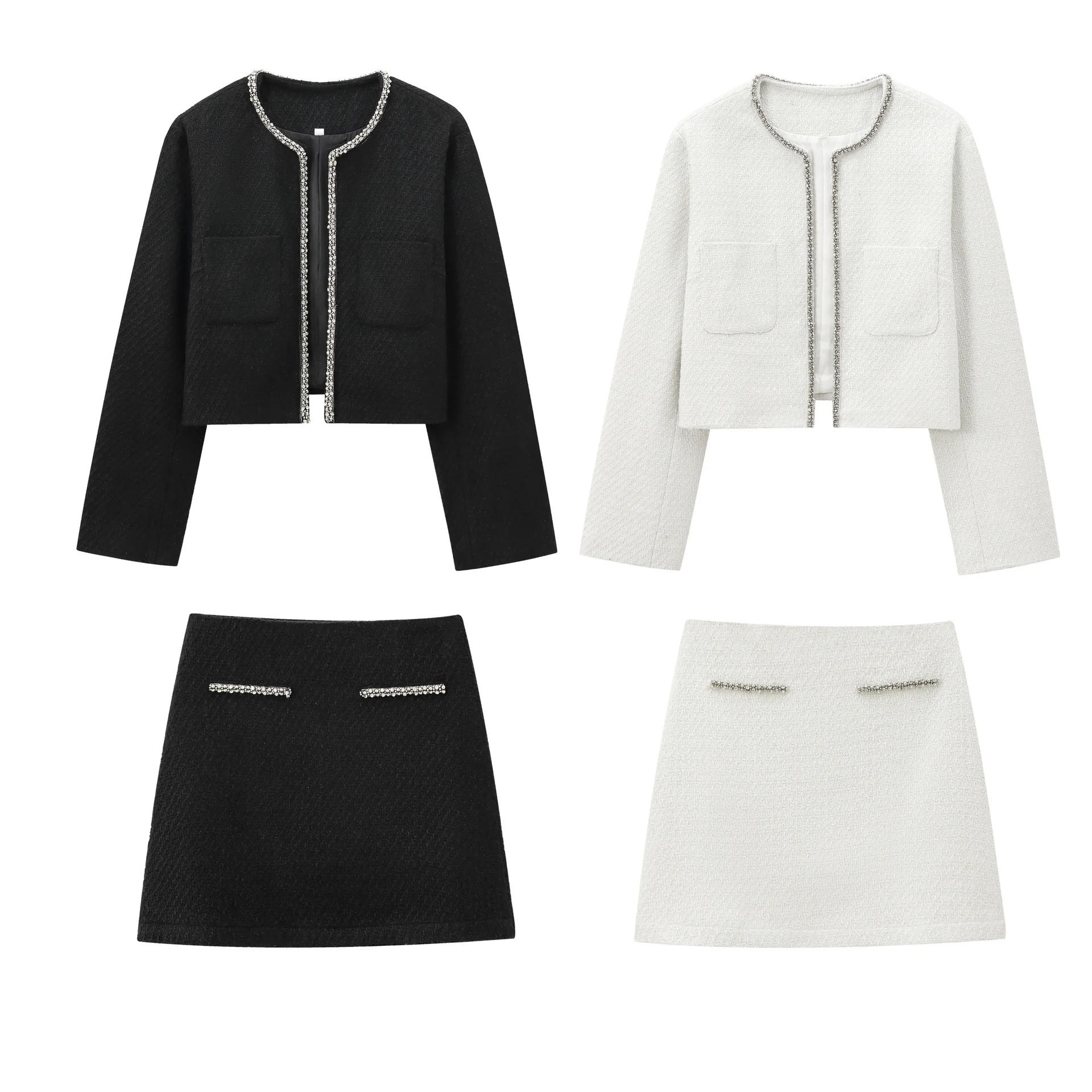 

Новая мода, повседневная однотонная верхняя одежда свободного кроя с длинными рукавами и круглым вырезом, карманами и блестками + комплект юбок выше колена на молнии