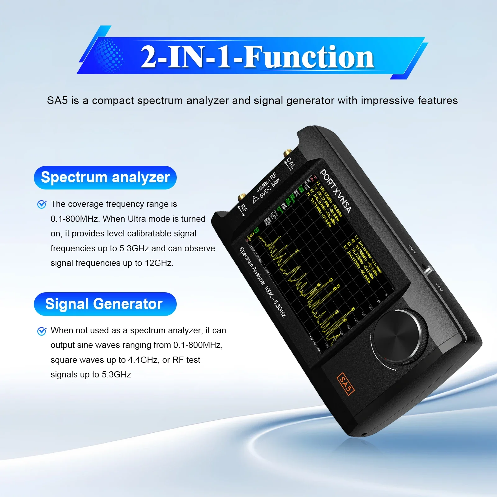 محلل الطيف PORTXVNSA SA5 محلل الطيف المحمول 100k-5.3 جيجا هرتز 2 في 1 4 بوصة IPS LCD مولد إشارة قابل للربط بالكمبيوتر