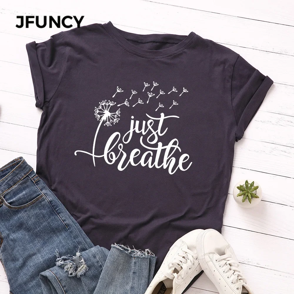 JFUNCY 100% Cotton Summer Tshirt Just Breathe Dandelion Print Women\'s T-Shirt Short Sleeve Female Tee Tops Women T Shirt