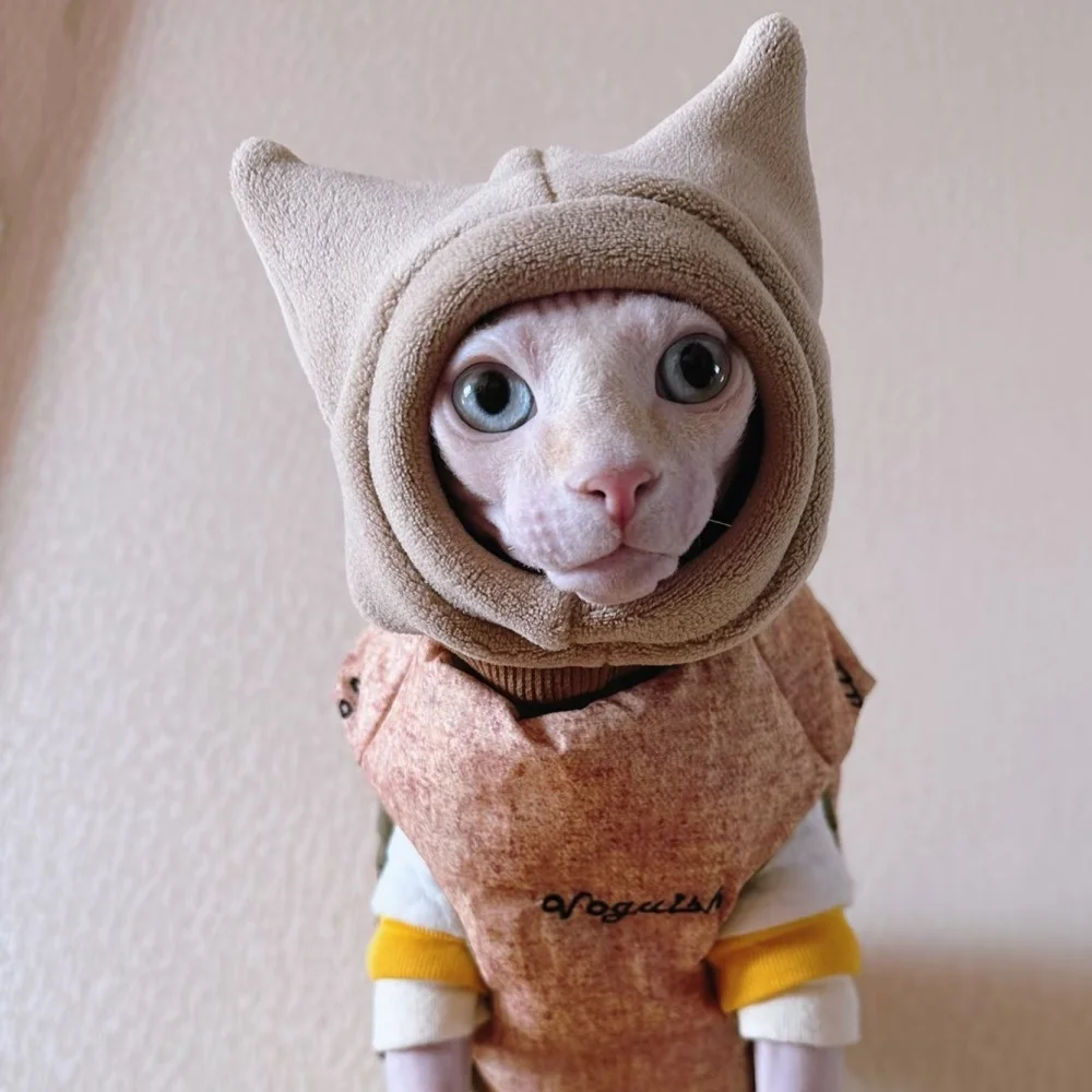 Warm Fleece Hat for Sphynx Cat Winter Khaki Head Protect in Cold Weater for Devon Rex Cute Accessories for Kittens Cat Supplies