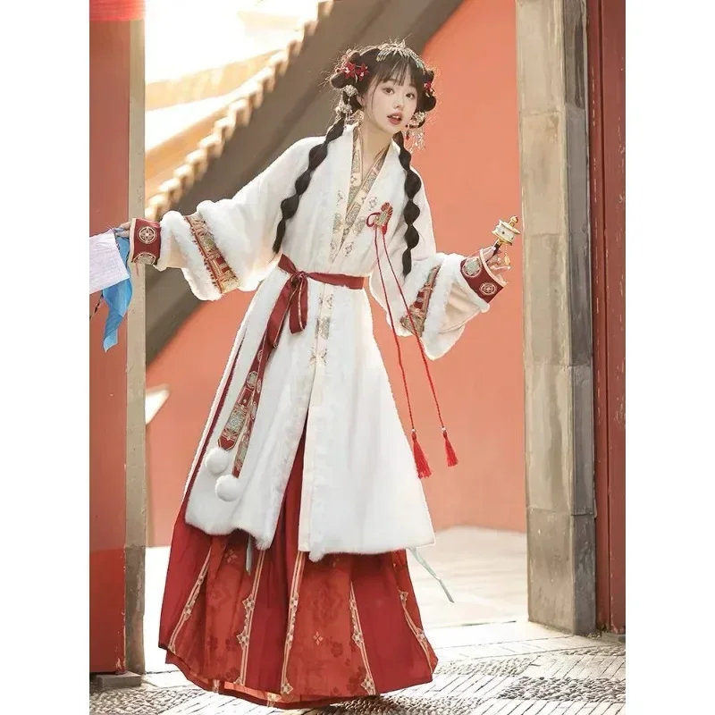 Women Chinese Traditional Hanfu Dress White Fleece Coat Beige Collared Top Red Printed Horse Faced Skirt Vestido Oriental