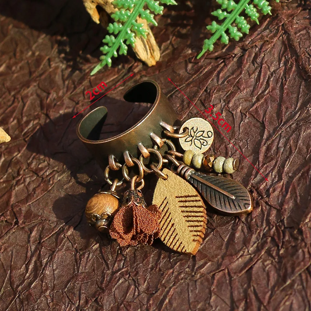Ethnic Flower Feather Tassel Rings For Women 2023 Vintage Antique Wooden Beads Tassel Geometric Indian Jewelry Gifts Female