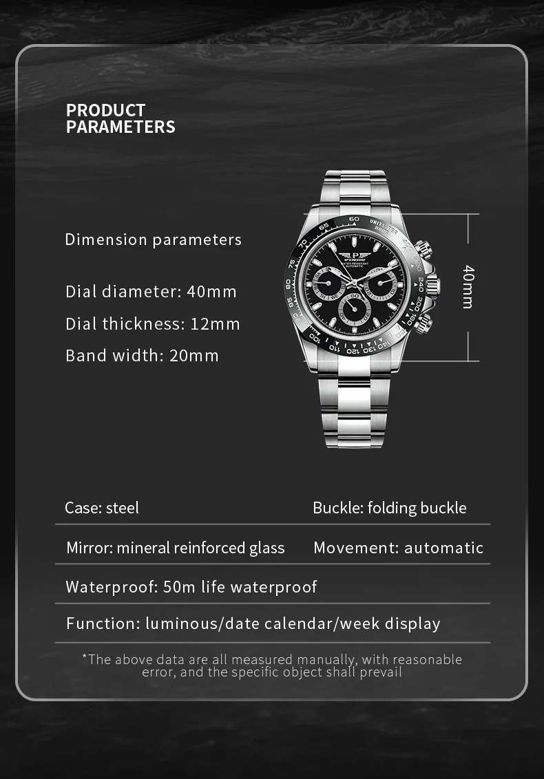 PINDU Fashion Men\'s Automatic Mechanical Watch Stainless Steel Material Mineral Tempered Glass Casual Sports Waterproof Watch