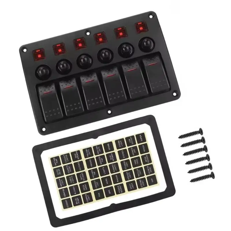 

6 Gang Rocker Switches Panel With Electric Safety Led Toggle Switches For 12V-24V Car Boat UTV Waterproof
