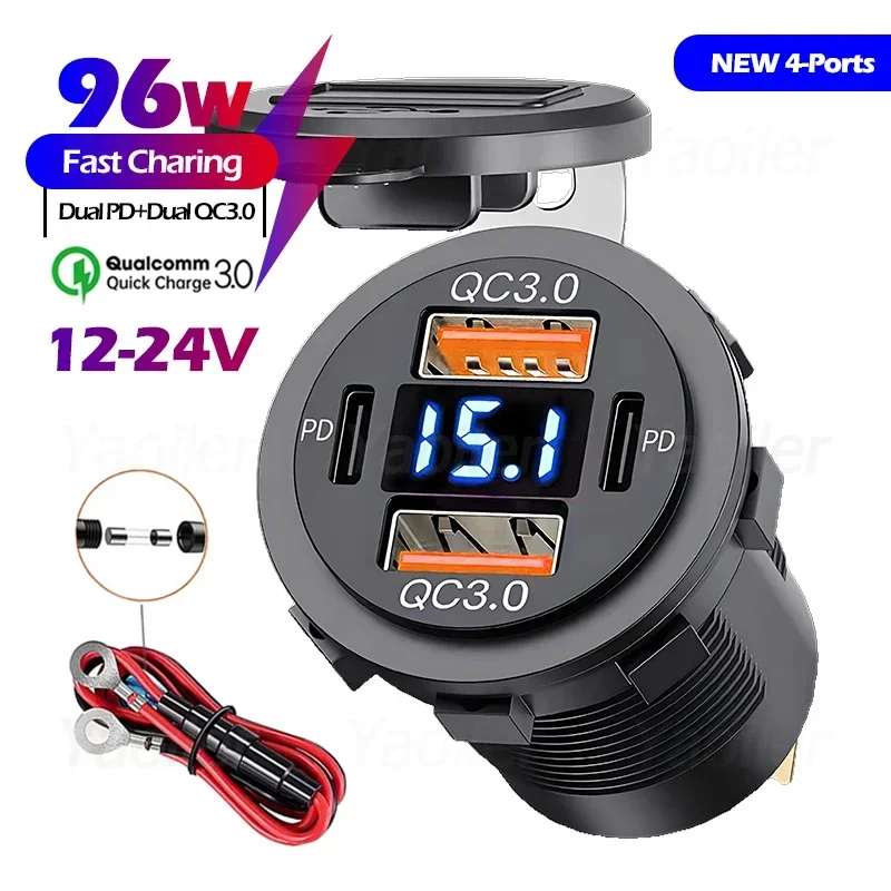 4-Ports 12/24V Dual QC3.0 Dual PD3.0 Car Charger Cigarette Lighter Socket Waterproof USB Fast Charge with Voltmeter for Car Boat