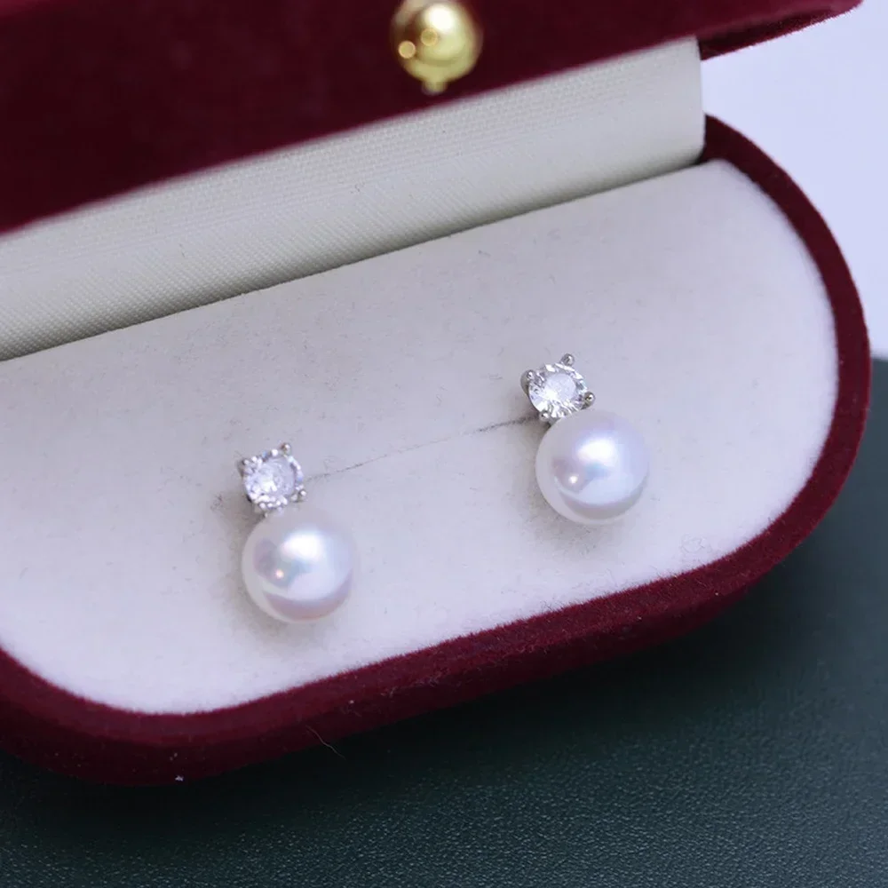 FEOBUR Real Moissanite Pearl Stud Earrings for Women 925 Sterling Silver Lab Diamond 9mm Pearl Drop Earring Wedding Jewelry Gift