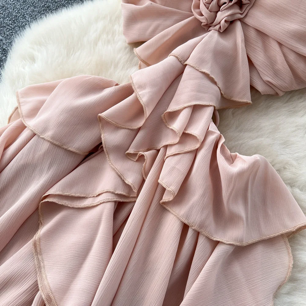 Women Ruffles Dresses A Line Solid Dress 3D Flower Strapless Ankle Lenth Waist Cutout Slim Fit Party Sexy Elegant 2025 Summer