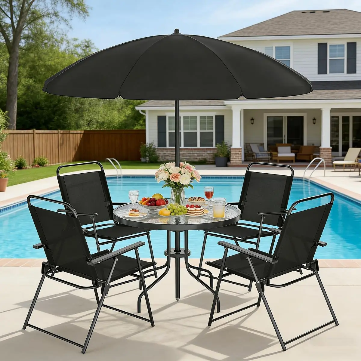 

6-Piece Outdoor Patio Dining Set with Umbrella, Small Space Furniture for Balcony, Backyard, Front Porch