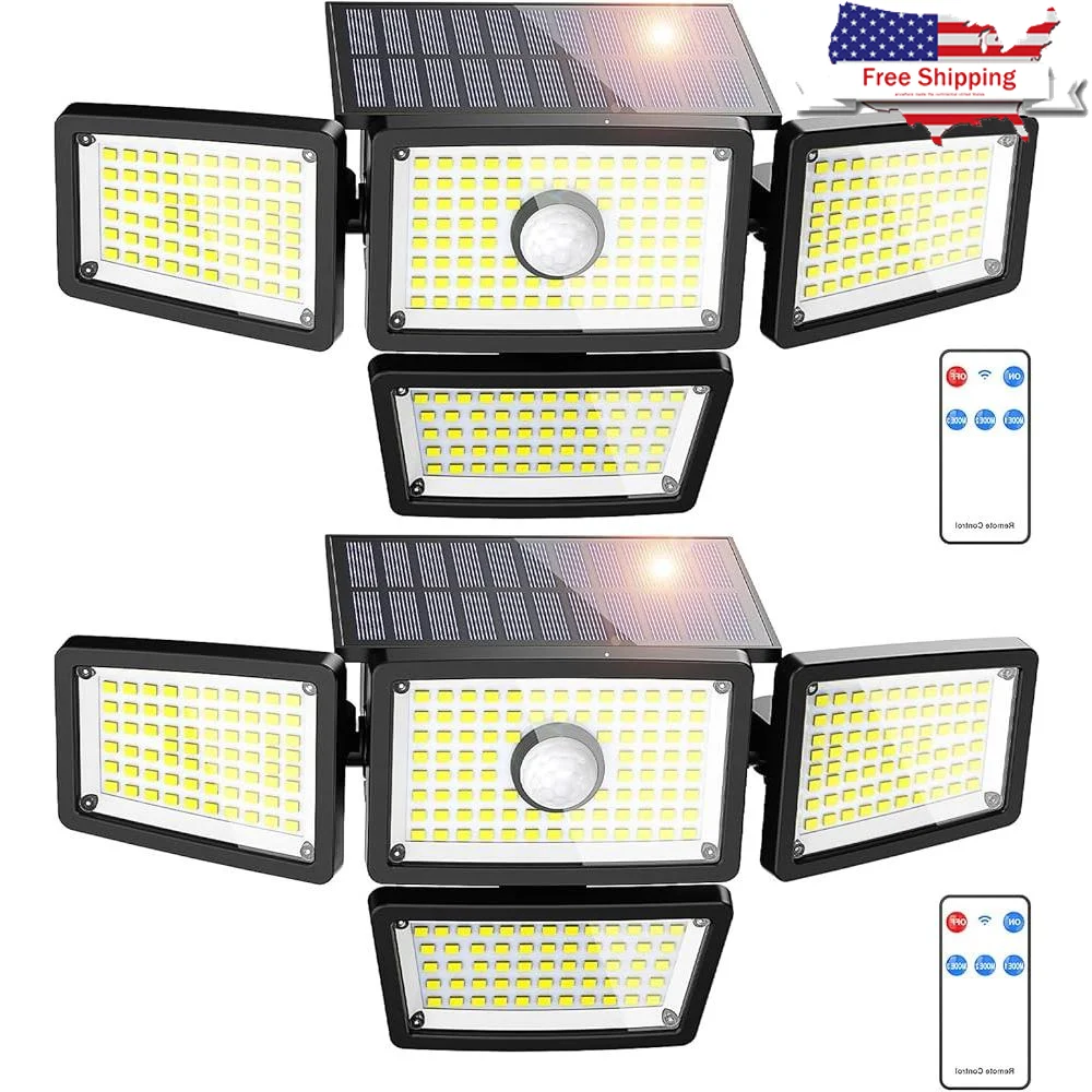 

3000LM солнечный датчик движения, 4 регулируемые головки, 283 светодиода, IP65, водонепроницаемый уличный прожектор с дистанционным управлением