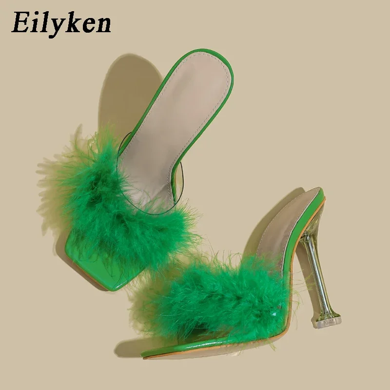 Eilyken Summer Design Feather Faux Fur Women Slippers Sexy Square Toe Clear Crystal High Heels Shoes Party Prom Slides Sandals