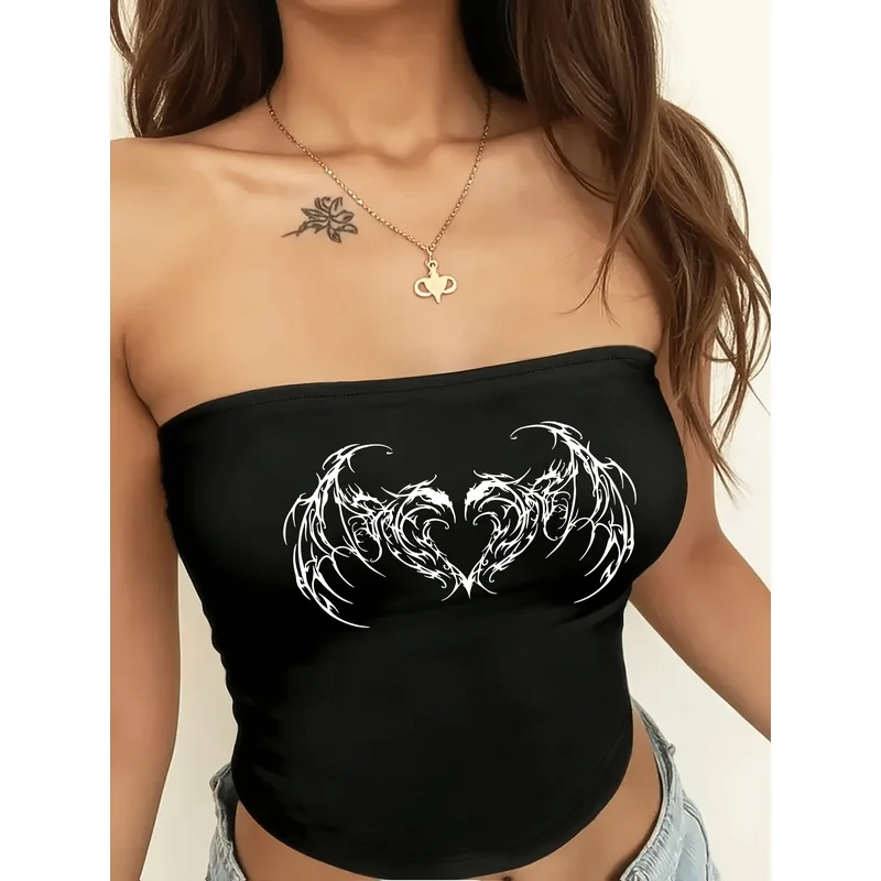 Dark-style heart-wing print design women's tube top，Retro Hot Girl Style Strapless Top，Y2KStyle