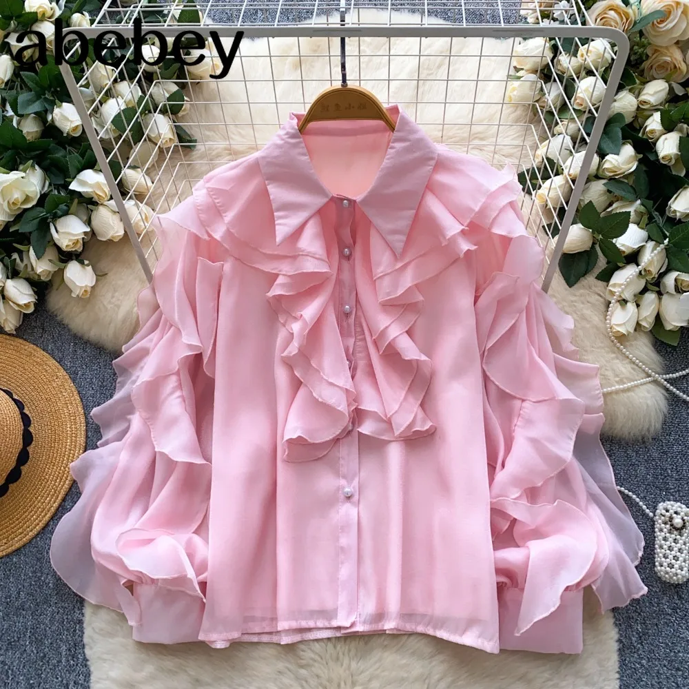 

Новинка 2026, уличная блузка во французском стиле с оборками, женская однотонная свободная рубашка с лацканами и длинными рукавами для отпуска, шифоновый топ, дизайн