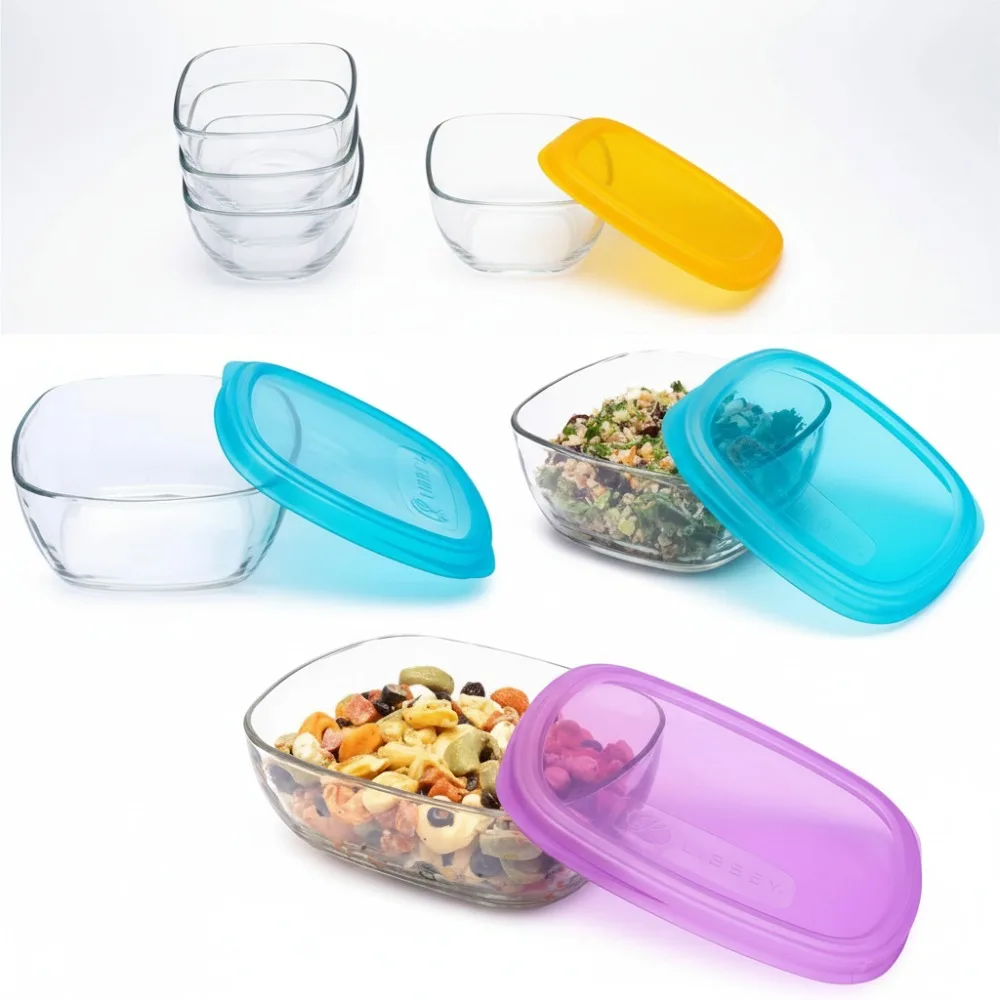 

Стеклянный набор для хранения продуктов питания из 14 предметов с красочными крышками — безопасный для микроволновой печи, духовки и посудомоечной машины