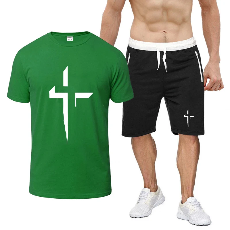 

Cross Creative Print 2026 Men's Summer New Eight-color Short-sleeved Set Casual T-shirt Top + Sweatpant Two-piece Suit