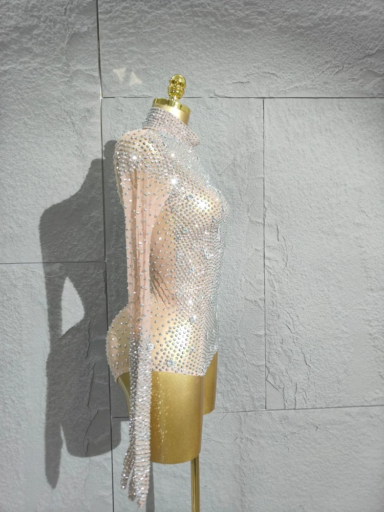 2025 Sparkly Silver Rhinestones Leotard Women Sexy Dance Bodysuit Performance Birthday Nightclub Party Outfit Show Stage Wear