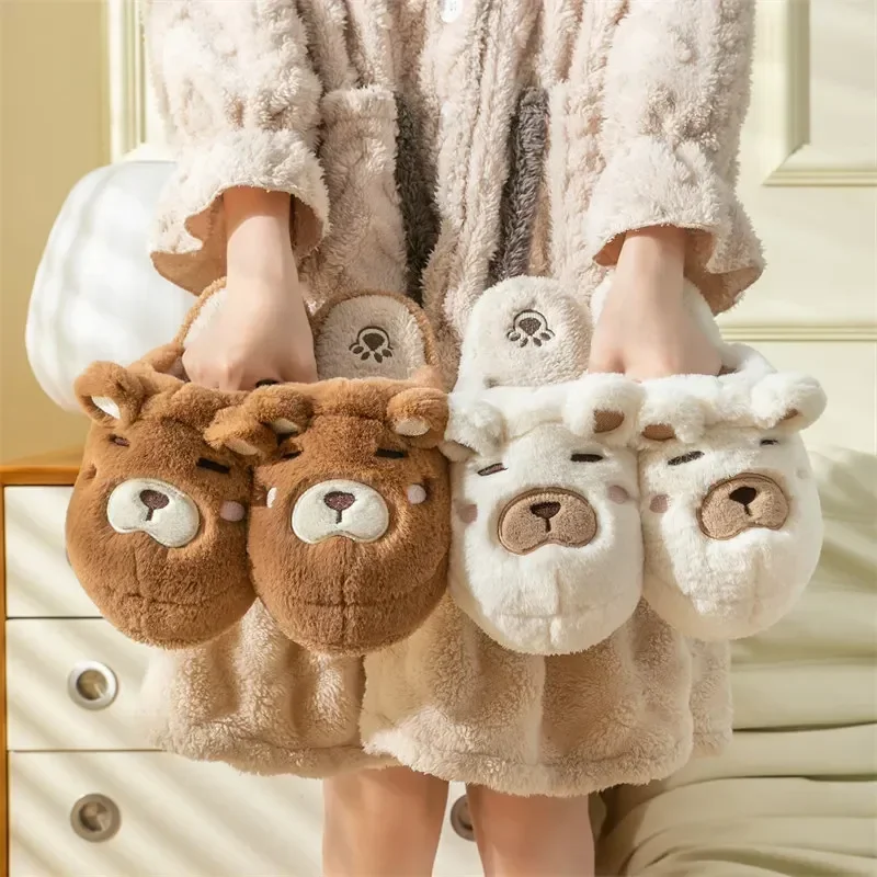 Warm Slipper House Cartoon Teddy Bear Womens Winter Plush Contton Indoor Funny Fuzzy Floor Home Room Shoes Flat Female Men Male