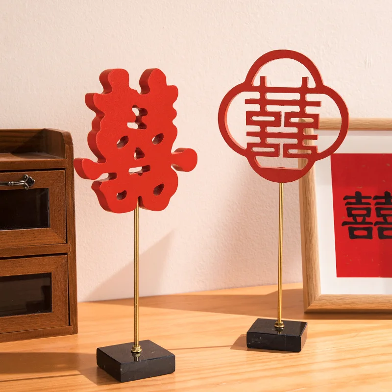 Red Chinese Word XI Wood Crafts Model Decor, Double Happiness for Wedding or Festival, Hm Furnishing Articles Decor