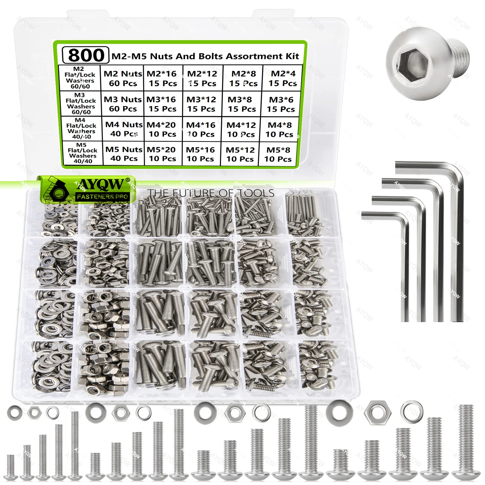 800 قطعة M2-M5 مجموعة متنوعة من البراغي والترباس المترية: 304 رأس زر مقبس سداسي من الفولاذ المقاوم للصدأ، مع قفل/غسالات مسطحة و4 مفاتيح سداسية #1