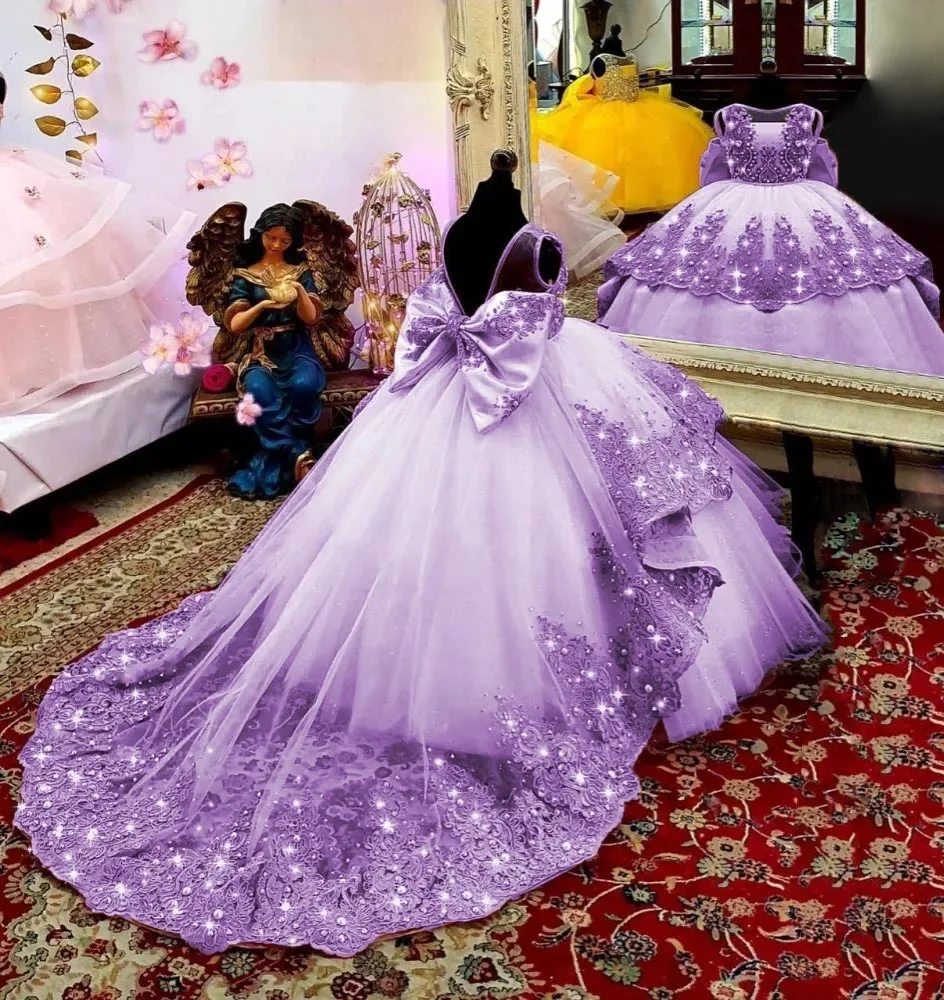 2024 nueva flor vestido de niña para boda tul hinchado encaje rebordear sin mangas con lazo princesa vestidos de baile vestido de fiesta de cumpleaños