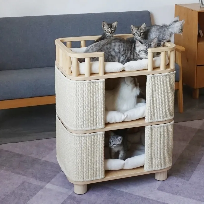 olid Wood Post Sisal Barrel Cat Tree,Tree Hole Cat Cave & Scratcher All-in-One,Multi-level Cat Tower,Space-saving for SmallHomes