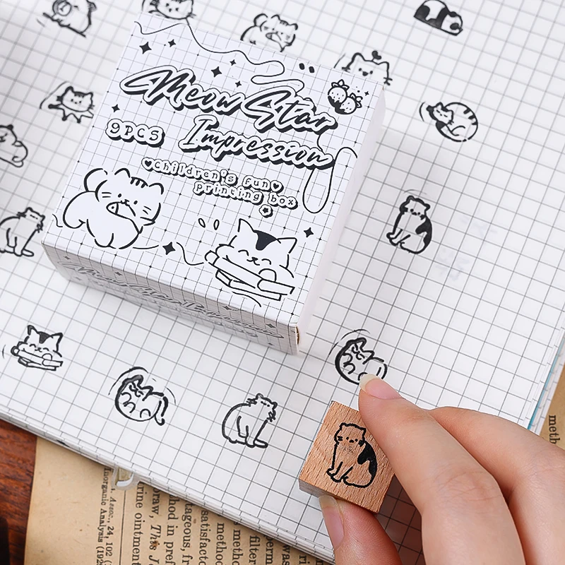 9-pack vintage wooden cute animal stamps, red panda/kitten pattern wooden stamper, suitable for scrapbook diary decorative stamp