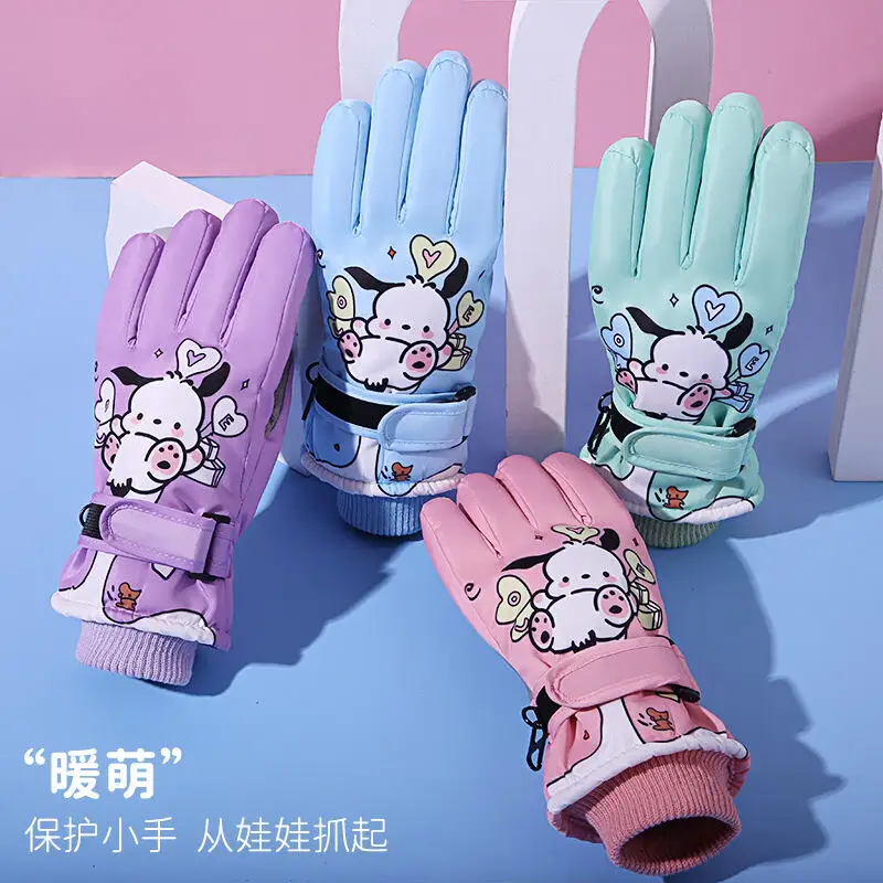 Kawaii Ski Gloves Kids Cartoon Pochacco Winter Warm Touch Screen Gloves Thicken Outdoor Cycling Windproof Anti-Slip Girls Gift