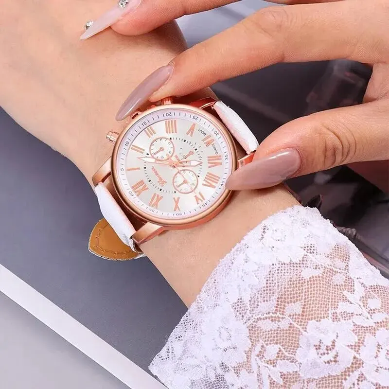 6PCS Fashion Women Watches Ladies Business White Leather Quartz Watch Womens Butterfly Necklace Earrings Bracelet Wristwatch