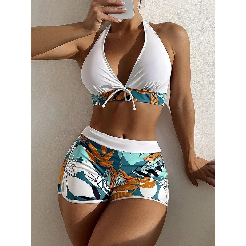 

2023 Halter Bikini Set Short Swimsuit Women High Waist Swimwear Female Printed Bathers Swimming Bathing Swim Suit Beachwear