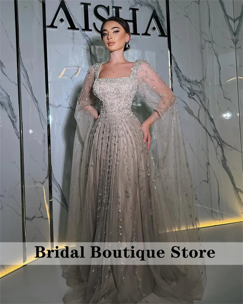 

Silver Grey Square Collar Beaded Prom Gown With Cape Luxury Women Evening Dresses 2025 Elegant Wedding Party Gown Customized
