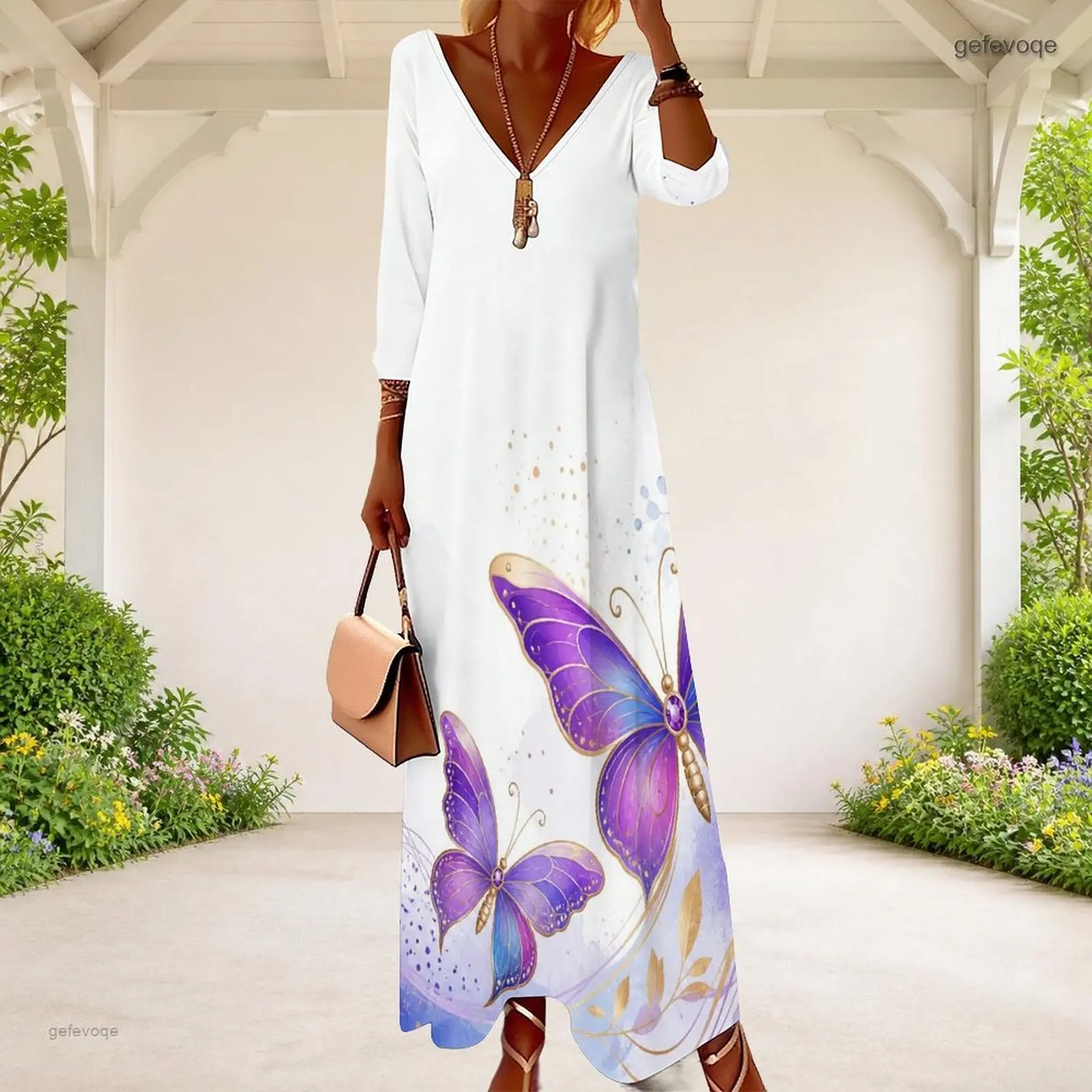 Women V Neck 3/4 Sleeve Long Dress, Printed Teal Gold Butterfly Pattern