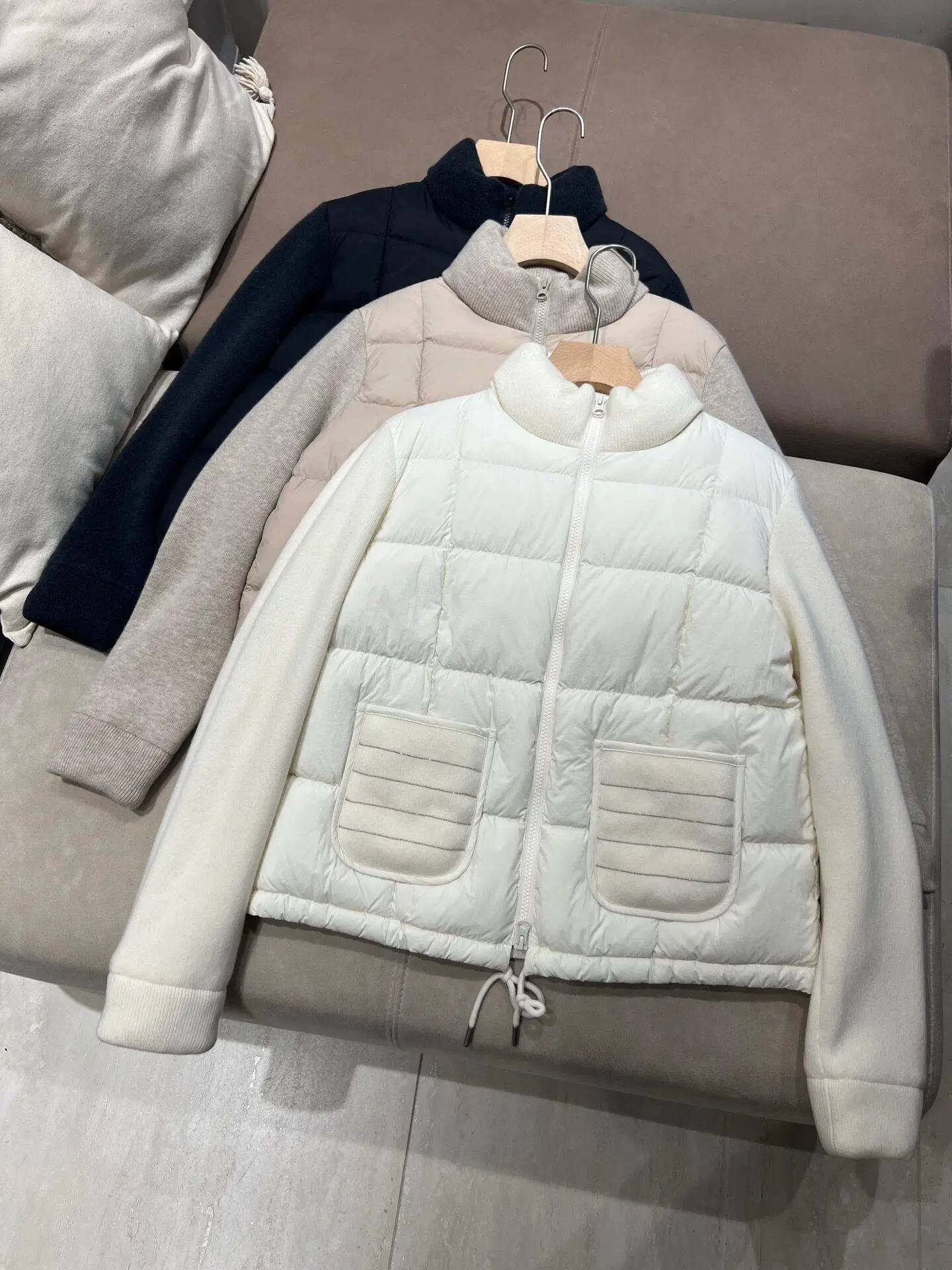 Women Wool Knit Sleeve Spliced Goose Down Jacket New Autumn Winter Stand Collar Short Lightweight Down Coat